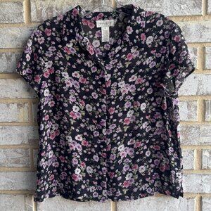 Jones New York Sport Short Sleeve Button Up 100% Silk Floral Blouse Size 10